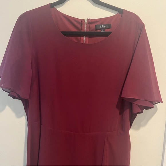 Lulus Flutter Sleeve Burgundy Chiffon Dress Cut Out Back 2XL Slit Skirt Cocktail - Picture 2 of 9